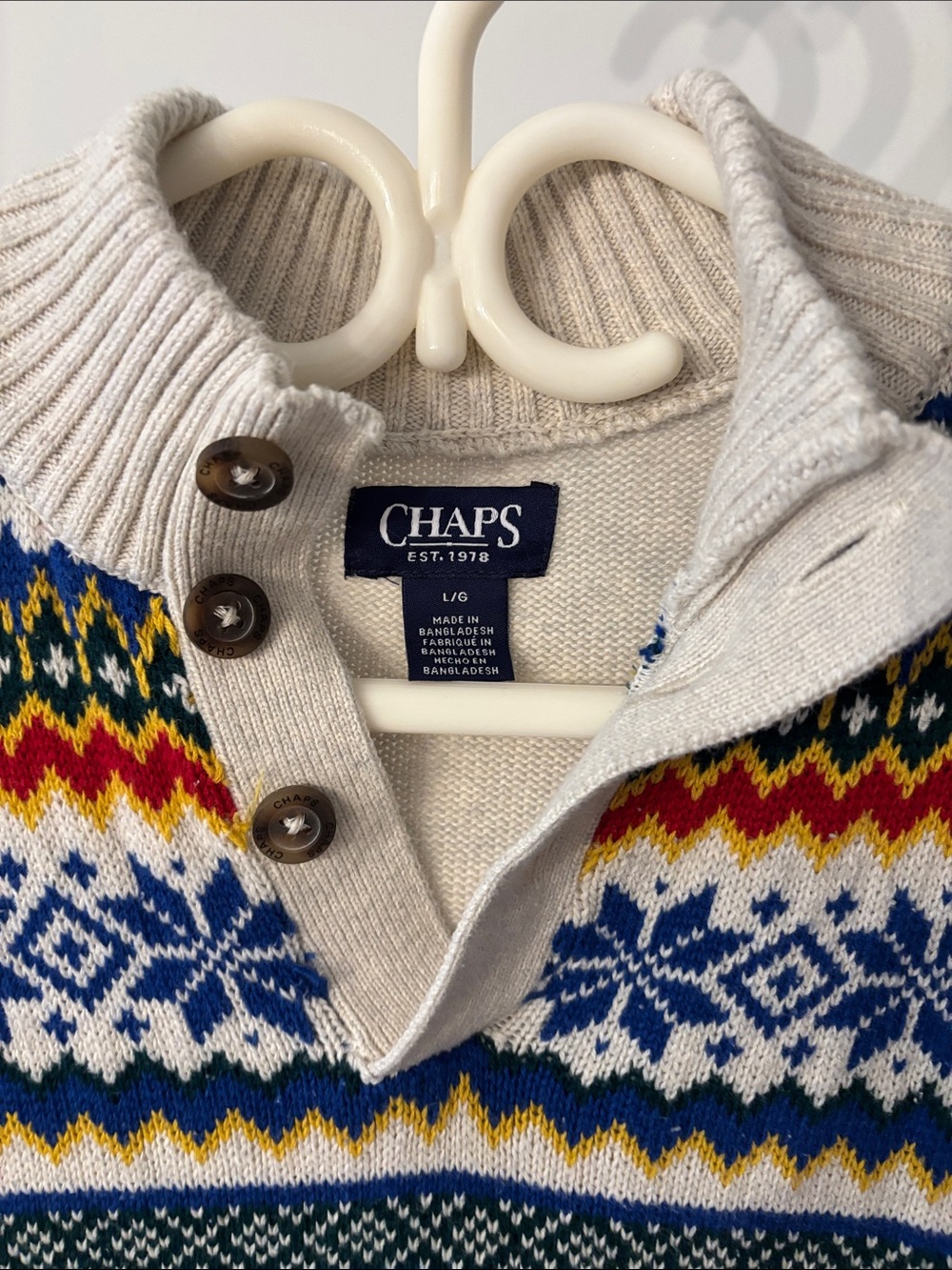 CHAPS Men’s L Fair Isle Nordic Sweater 100% Cotton Quarter Button Cream - Picture 3 of 10
